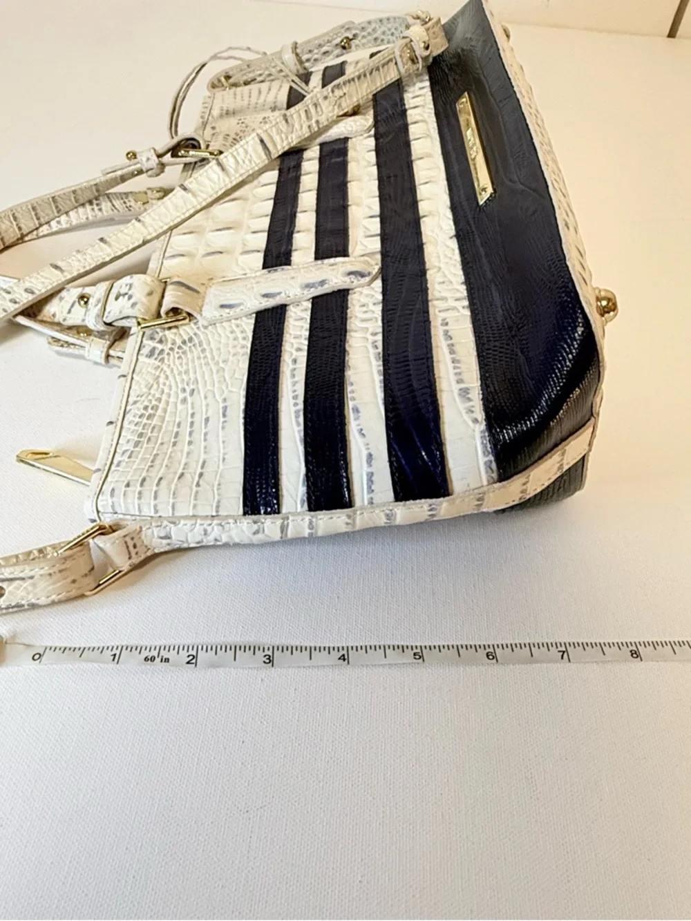 Brahmin Mini Asher Corsica Vineyard Navy Striped Croc Leather Satchel